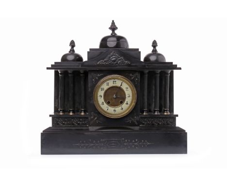 VICTORIAN FRENCH BLACK SLATE MANTEL CLOCKthe two-train movement by Friedrich Mauthe, numbered 44, the brass dial with white e