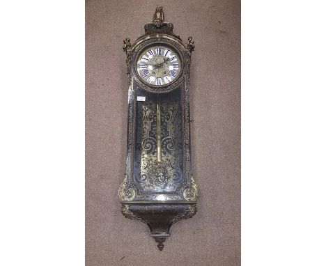 IMPRESSIVE 19TH CENTURY FRENCH BOULLE AND BRASS BANDED WALL CLOCKthe repousse dial with white ceramic chapter shields with Ro