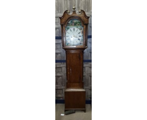 MID-19TH CENTURY SCOTTISH LONGCASE CLOCKthe hood with swan neck pediment and ball and eagle finial, the arched painted enamel