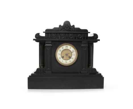 VICTORIAN FRENCH SLATE MANTEL CLOCKthe movement by A.D Mougin, Deux Medailles numbered 3254, the white enamel chapter ring wi