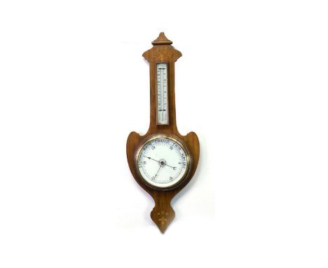 EDWARDIAN WHEEL BAROMETER WITH THERMOMETERthe fan shaped pediment with scroll and ribbon inlay, the mercury thermometer above