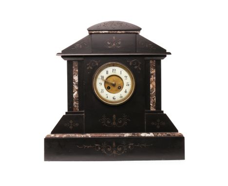 VICTORIAN FRENCH SLATE AND ROUGE MARBLE MANTEL CLOCKthe movement unsigned but numbered 1193, the white enamel chapter ring wi