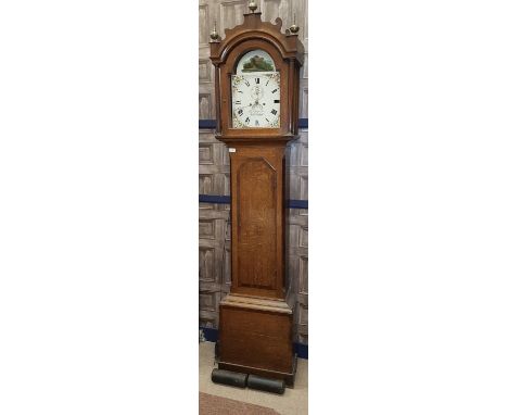 19TH CENTURY ENGLISH LONGCASE CLOCKthe hood with moulded scroll pediment and three ball finials, the arched enamel dial with 