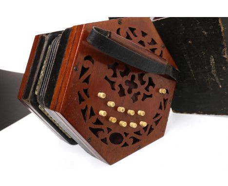 VICTORIAN TEN BUTTON CONCERTINAmahogany finish with fretted ends, twenty-one buttons in total, with paper label to one end nu