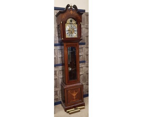 IMPRESSIVE EDWARDIAN CHIMING LONGCASE CLOCKthe hood with swan neck pediment, ball finial, marquetry inlaid frieze flanked by 