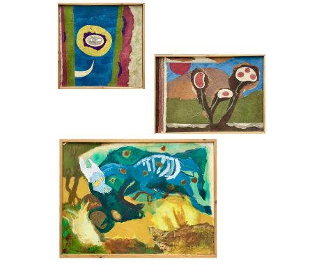 M. K. TOTTON (XX) Three mixed media mid-century works Tissue, paint and cotton thread Two signed to the verso Largest 71cm x 