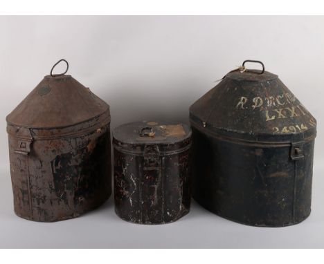 Officers Headdress Carrying Tins, the first named to W Caulley 3rd Hussars, the second with painted details R.D.M.C. Miers LX