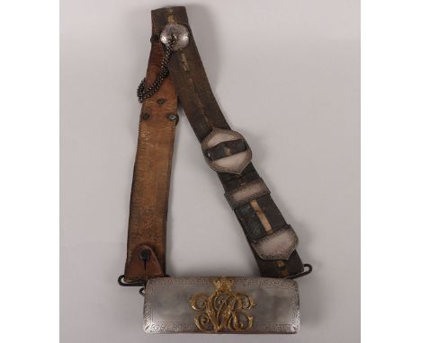 13th Light Dragoons Officers Silver Flap Pouch and Belt 1837-55, unmarked silver pouch with gilt VR cypher, leather pouch bel