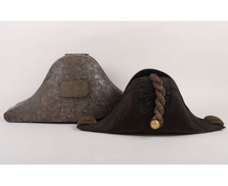 Royal Navy Post 1901 Officers Bicorn Hat, complete with gold trim, and contained in its correct pattern carrying tin named to