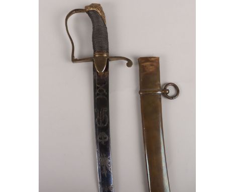 A 1796 pattern type Light Dragoon officer’s sword, curved single edge blade 81cms etched with crowned GR cypher and pre-1801 