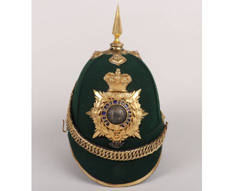 Royal Marine Light Infantry Officers 1878 pattern Green Cloth Helmet, with standard gilt mounts, rounded frontal peak, the Cr