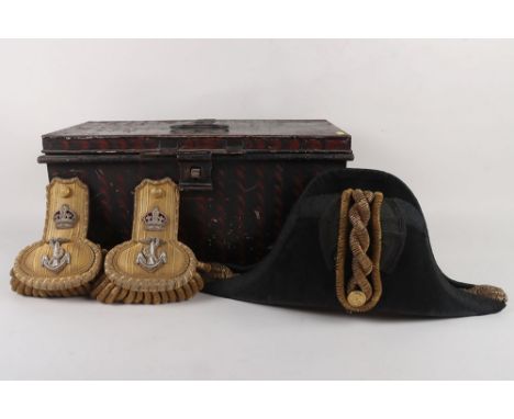 Royal Navy Post 1901 Officers Bicorn Hat & Epaulette Set, complete with epaulettes, waistbelt (two) complete with sword sling