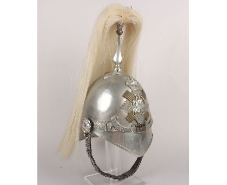 Fife Light Horse Officers 1871 Pattern Silver Plated Helmet, complete with badge, motto scrolls, chin chain and white plume. 
