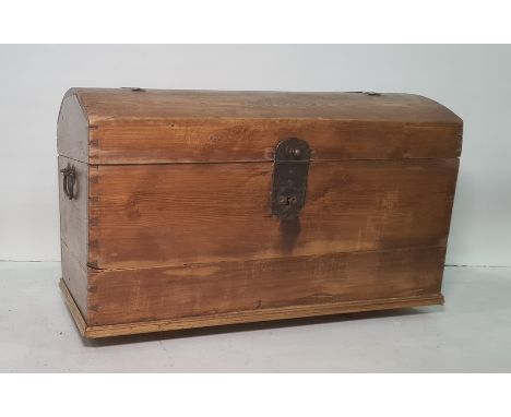19th century pine trunk with dome top, iron carry handles, later base, 98cm x 61cm
