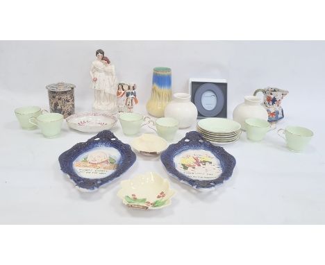 Set of six Aynsley china cups and saucers, pale green ground, no.C443/2 to base, a pair of Poole pottery white lustre glazed 