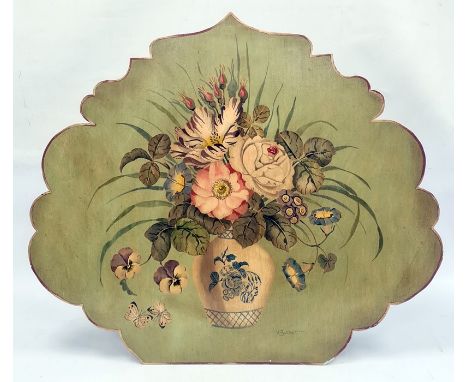 Painted shaped wood firescreen with flowers in vase decoration, signed V. Burnett, 76 x 65.5cm