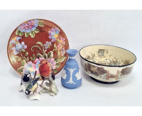  A Goebel model of a robin, a bluetit and other birds, a Wedgwood blue lustreware miniature vase, a Royal Doulton 'Gaffers' b