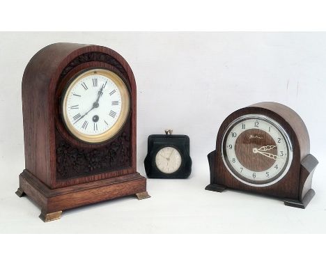 20th century oak arch topped mantel clock with roman numerals to the enamel dial, further 20th century mantel clock in oak ca