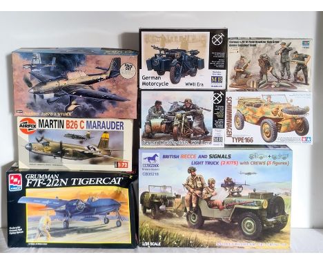 Airfix 'WMIK land rover '1:48, Bronko models British light truck, Airfix 'Martin B26C Marauder' box, various air power spray 