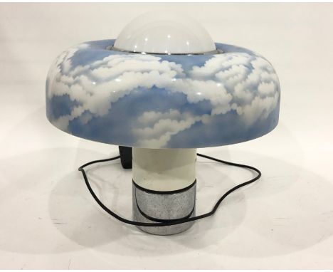 Large 1970's plastic table lamp with circular shade of blue sky and clouds, on cylindrical base with three settings Condition