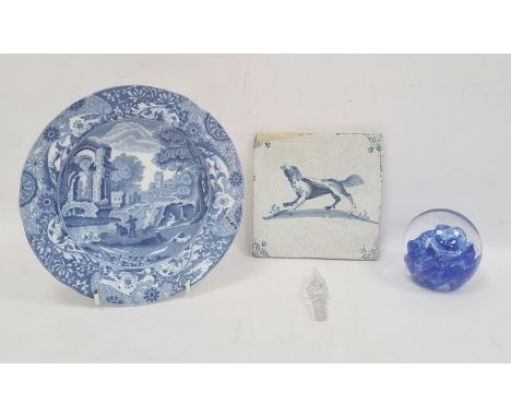 Copeland Spode 'Italian' pattern bowl, a glass paperweight and a delft blue and white tile decorated with a dog (3) 