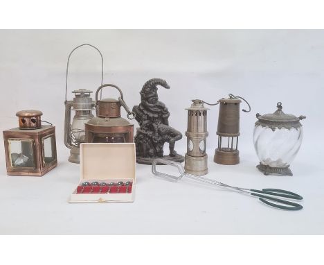 Copper ship's port light, quadrant-shaped, various miner's and other lamps, Mr Punch cast iron doorstop&nbsp;and sundry items