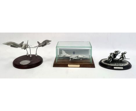 Pewter model of Harrier 1982, scale model 'reds on high' and scale pewter sculpture 'storming the beach'