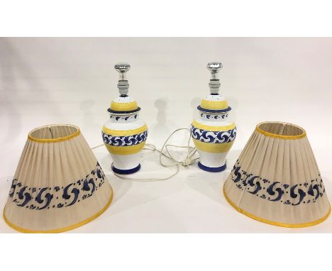 Pair of modern Herend Village ceramic table lamps in white, yellow and blue with matching shades (2) Condition ReportThey do 