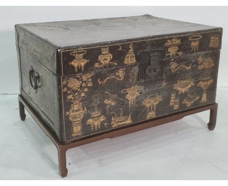 Chinese gilt decorated and lacquered leather trunk on stand, 19th century and later, 83cm x 54cm (ex Christies lot 936 from s