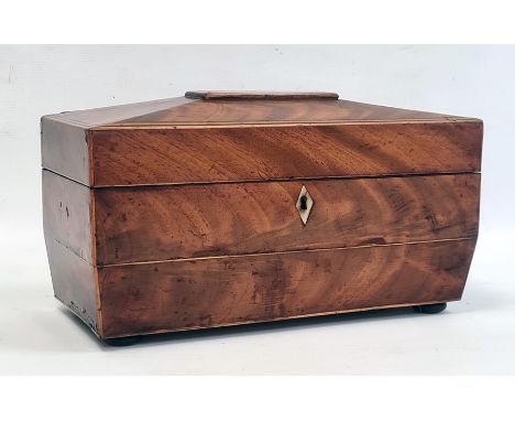 19th century mahogany sarcophagus shaped tea caddy,&nbsp;the top opening to reveal fitted interior and whole raised on squat 