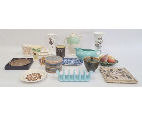 Carltonware miniature jug, cherry decorated, a Crown Ducal turquoise sauceboat, a Poole pottery toast rack and other 20th cen