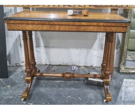 Victorian satinwood and ebonised folding afternoon tea table with ebony stringing and on end pillar supports, cheval base (da