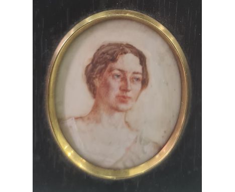 Early 20th centuryWatercolour miniature on ivoryHead and shoulders portrait of a young lady in white, oval, 7.5 x 6.2 cm in r