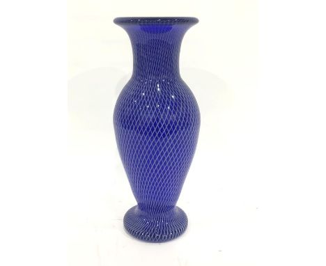 St Louis limited edition glass vase, baluster-shape, blue and white trellis design, with gilt stamp to base, 12/75, 47cm high