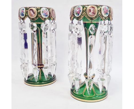 Pair of Victorian Bohemian overlay green glass lustres with white overlay to inside of bowls, oval panels floral and portrait
