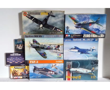 Profipack Edition F6F-3 1:48 scale, Hobby boss Spitfire 1:32 scale, 'Seahawk', Tamiya Mitsubishi A6M50 fighter, Airfix submar