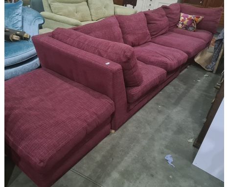 MultiYork corner sofa and pouffe in plum upholstery, with two scatter cushions 