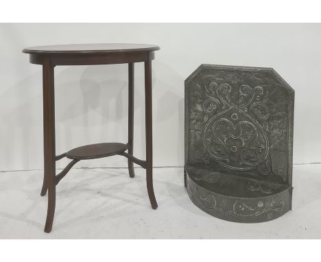 Pewter firescreen with foliate decoration to the rectangular back, with canted top corners, demi-lune base together with two 