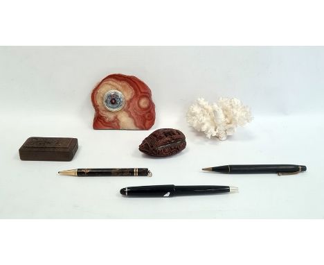 Two vintage propelling pencils, a carved wooden nut-shaped box, another carved wooden box, an agate paperweight and other ite