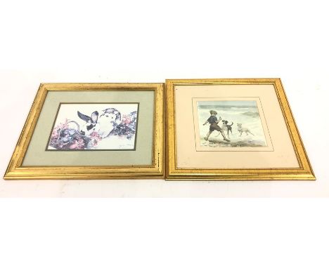 Quantity of pictures and prints to include watercolours of landscapes, Alexander Charles Jones watercolour of a labrador and 