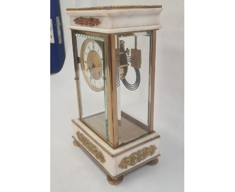 Alabaster and gilt metal four-glass portico clock&nbsp;with eight-day striking movement, enamel chapter ring, engine-turned g