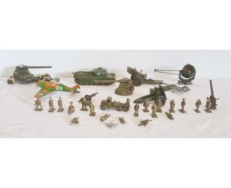 A Model toy aeroplane, a Dinky Toys 'DH Sea Vixen', a tank, a Britain's toy field gun, other field guns and soldiers&nbsp;