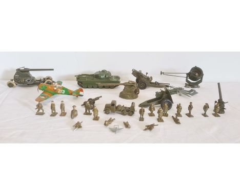 A Model toy aeroplane, a Dinky Toys 'DH Sea Vixen', a tank, a Britain's toy field gun, other field guns and soldiers&nbsp;