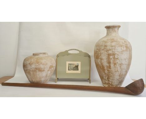 Large indigenous carved hardwood ladle, 145cm wide, two graduated simulated terracotta papier-mache floor vases and a celadon