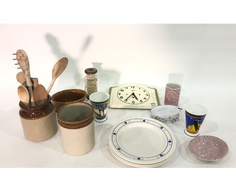 Various kitchenalia to include mixing bowls, wooden spoons, Juba ceramic wall clock, enamel sifter, mugs, various textiles, b
