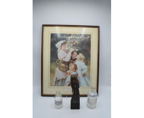 A mixed collection of items to include a vintage wooden carved figure of Mary the Virgin, scientific bottles to include ammon