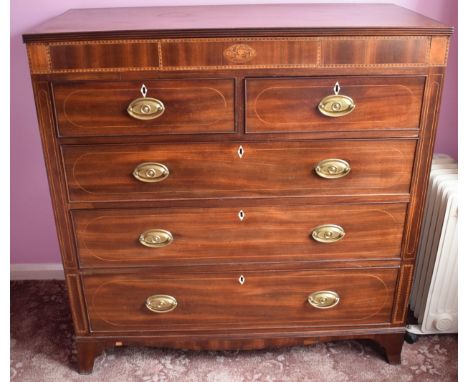 Victorian mahogany 2 over 3 chest of drawers with satinwood inlay and mother of pearl escutcheons with secret drawer bearing 
