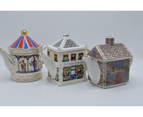 A trio of teapots to include Sadler examples 17th Century Cottage, Band Stand and Wade English Life teapot The Queen Victoria
