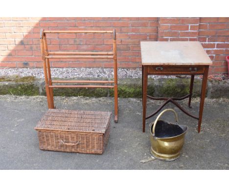 A mixed collection of small furniture items to include a Victorian or slightly later towel rail, a vintage wicker basket, a V