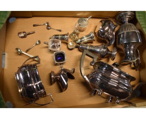 A collection of silver plated items to include a teapot, coffee pot, sugar pot and other items (Qty). 